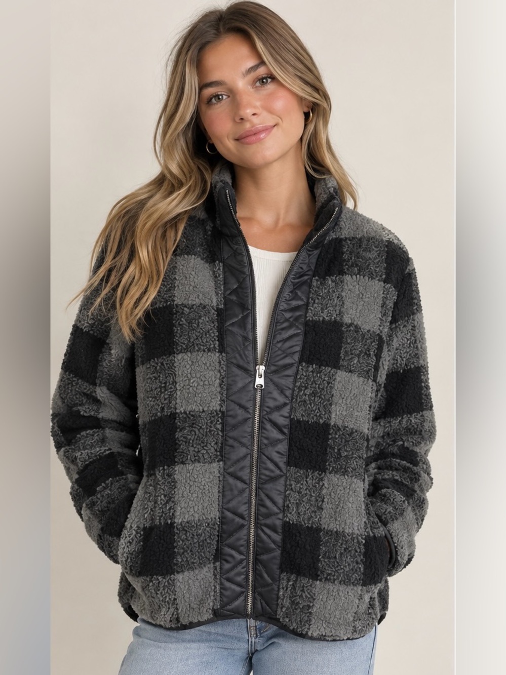 Abercrombie & Fitch Sherpa Full-Zip Jacket Gray & Black